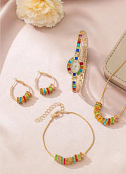 1 Set Ladies Watch Rhinestone & Bead Necklace Bracelet Decor Jewelry Set And Pre-Owned Ladies' Niche Luxury Fashionable Ins Style Elegant Watch Bracelet Suitable For Daily Wear Party And Other Occasions