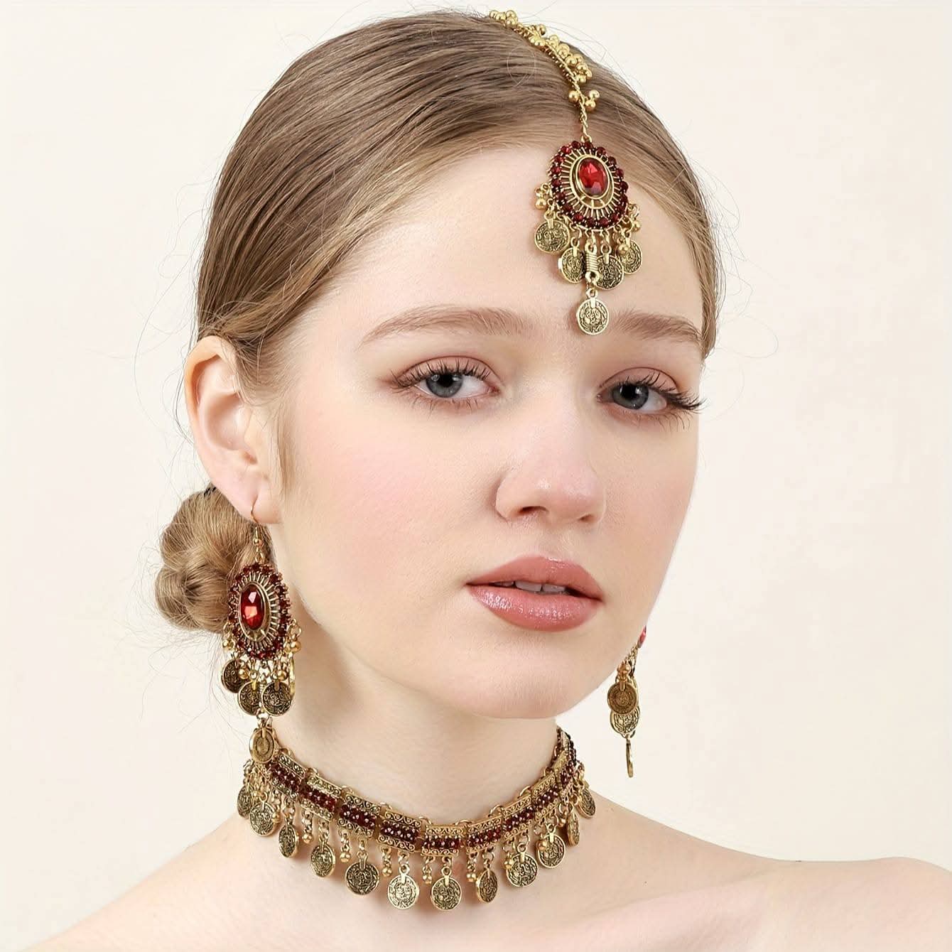 Vintage Red Crystal Indian Jewelry Set – Gold Coin Choker Necklace, Dangle Earrings & Maang Tikka for Women