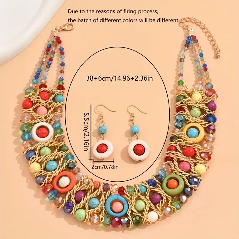 1pc Luxury Bohemian Style Necklace Set With Imitation Crystal Wave Beads & Coffee Color Aluminum Chain, Suitable For Women Wedding, Party, Beach, Holiday