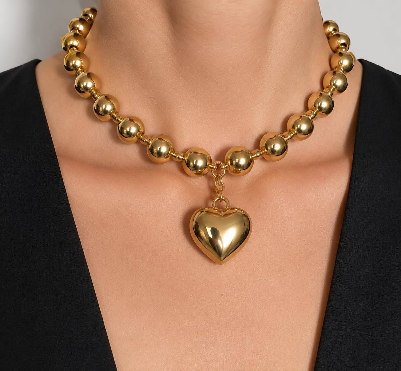 Bold Romanticism: Chunky Gold Bead Heart Pendant Necklace
