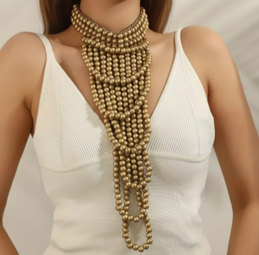 Gold Multi-Strand Beaded Statement Choker Necklace
