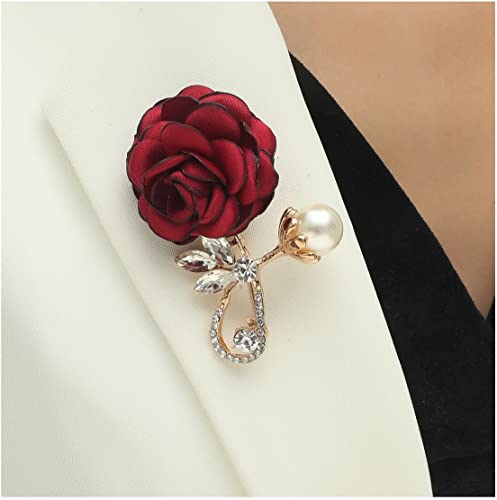 High-Quality Red Rose Fabric Brooch with Imitation Pearl and Crystal – Elegant Fashion Pin for Women, Holiday and Travel Accessory