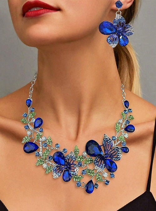 Jewelry set: 3-piece necklace, lake blue floral design, rhinestones, evening party accessories, bridal jewelry.