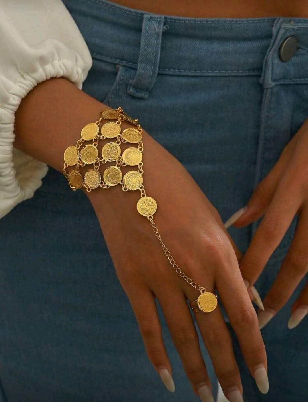 Gold Coin Hand Chain Bracelet – Vintage Boho Statement Jewelry