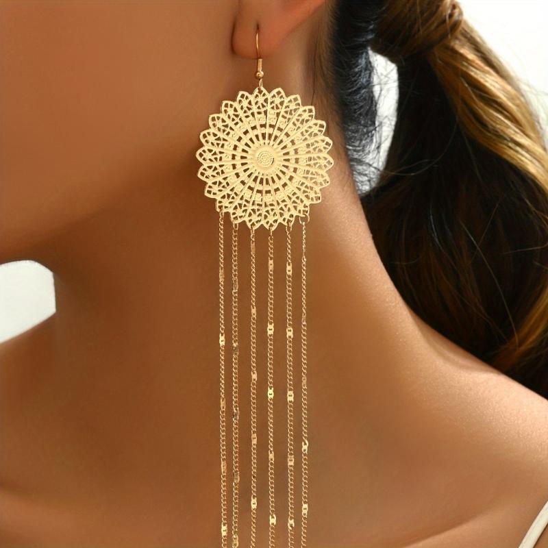 Vintage Golden Geometric Metal Dangle Earrings with Tassel Accents