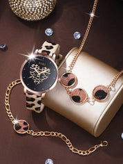 SOKI Women's 3-Piece Watch Set, Women's Quartz Watch with Leopard Print PU Strap and Love Dial, Personalized Fashion Necklace and Bracelet Set, Perfect Gift for Women (Without Box)