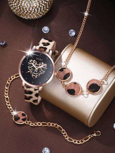 SOKI Women's 3-Piece Watch Set, Women's Quartz Watch with Leopard Print PU Strap and Love Dial, Personalized Fashion Necklace and Bracelet Set, Perfect Gift for Women (Without Box)
