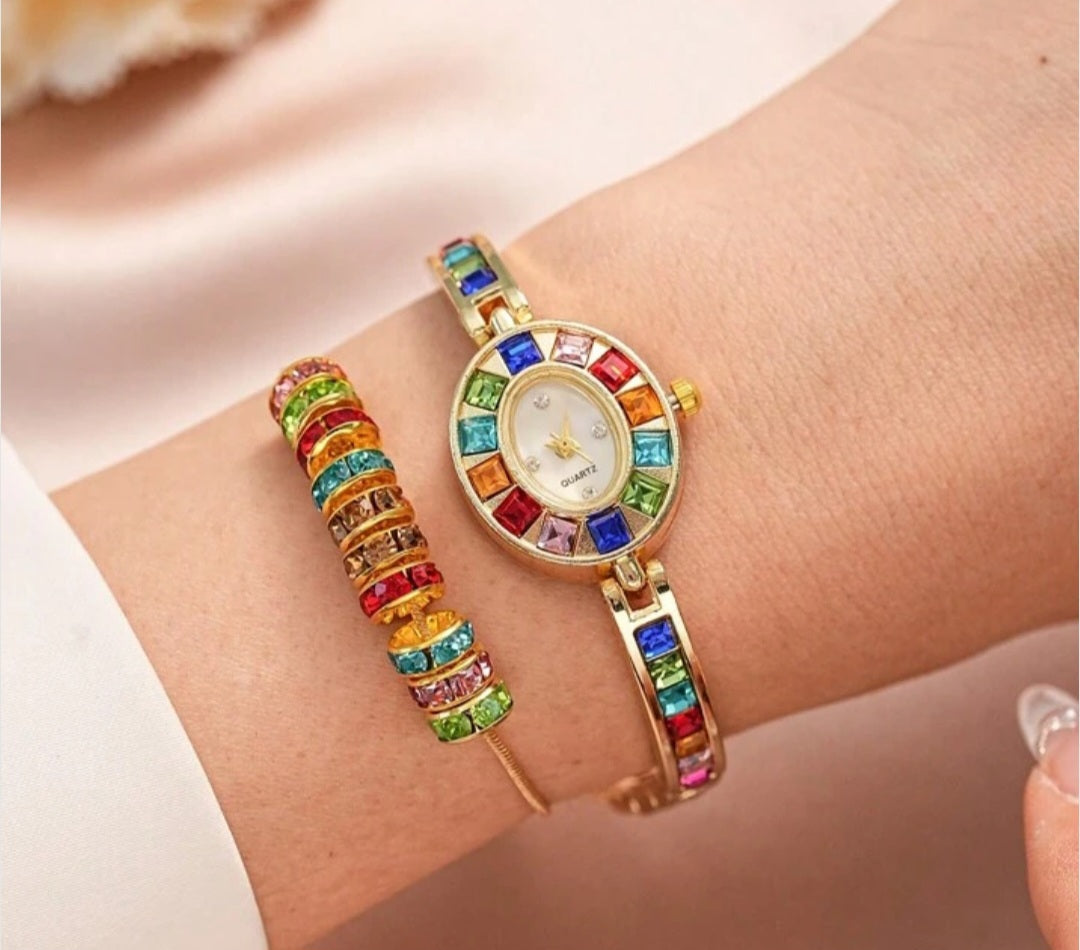 1 Set Ladies Watch Rhinestone & Bead Necklace Bracelet Decor Jewelry Set And Pre-Owned Ladies' Niche Luxury Fashionable Ins Style Elegant Watch Bracelet Suitable For Daily Wear Party And Other Occasions